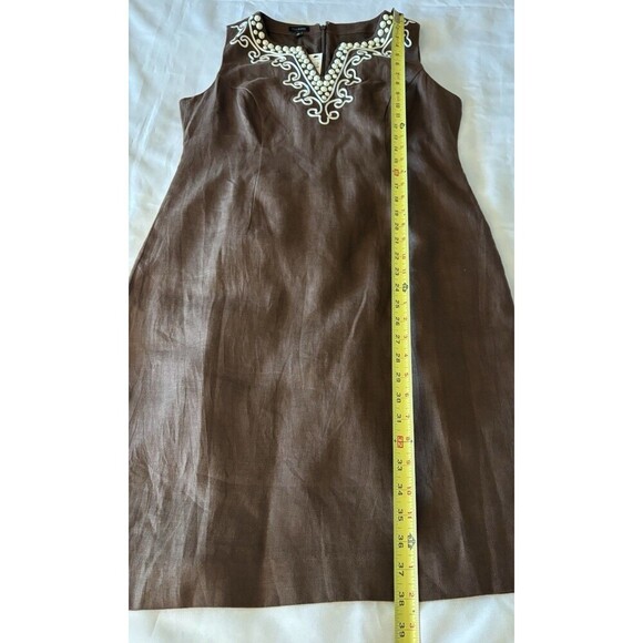 TALBOTS 100% Linen Shift Dress Women 10 Brown White Beaded Sleeveless Career NEW - Picture 12 of 13